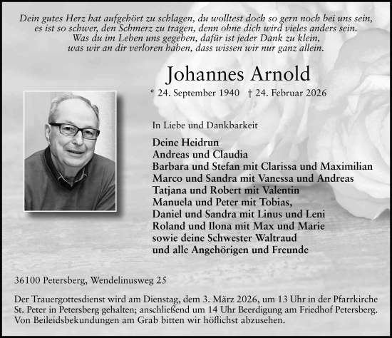 Traueranzeige von Johannes Arnold von FZ