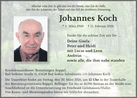 Traueranzeige von Johannes Koch von FZ