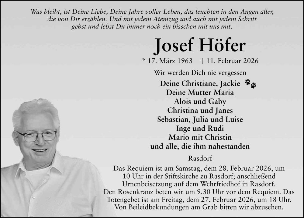  Traueranzeige für Josef Höfer vom 25.02.2026 aus FZ