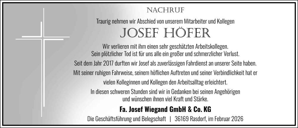  Traueranzeige für Josef Höfer vom 25.02.2026 aus FZ
