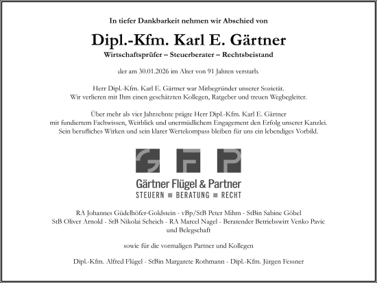 Traueranzeige von Karl E. Gärtner von FZ