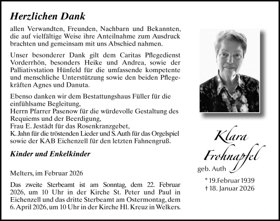 Traueranzeige von Klara Frohnapfel von FZ