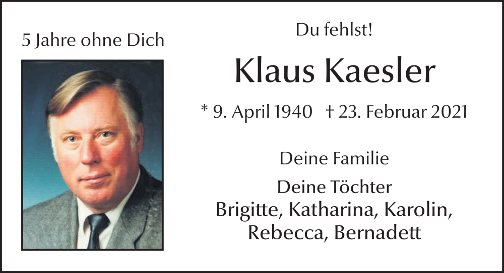  Traueranzeige für Klaus Kaesler vom 21.02.2026 aus FZ