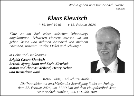 Traueranzeige von Klaus Kiewisch von FZ