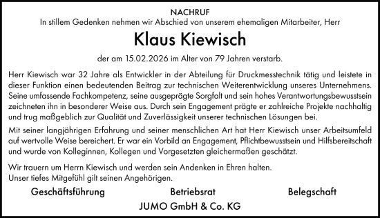 Traueranzeige von Klaus Kiewisch von FZ