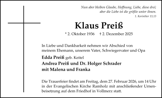 Traueranzeige von Klaus Preiß von FZ