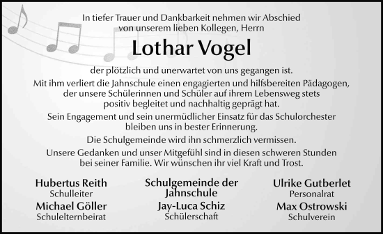 Traueranzeige von Lothar Vogel von FZ