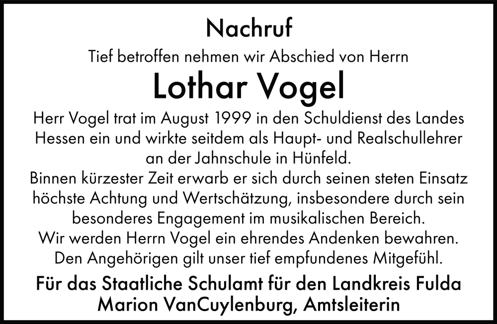  Traueranzeige für Lothar Vogel vom 17.02.2026 aus FZ