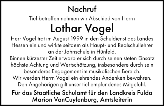 Traueranzeige von Lothar Vogel von FZ