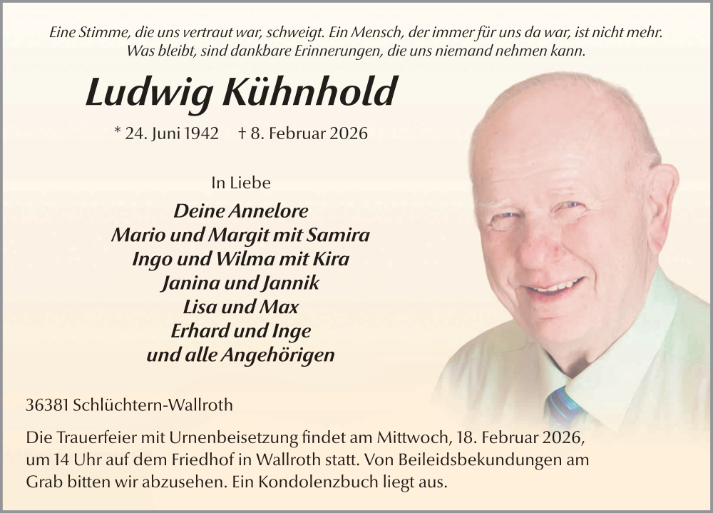  Traueranzeige für Ludwig Kühnhold vom 14.02.2026 aus FZ