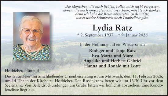 Traueranzeige von Lydia Ratz von FZ