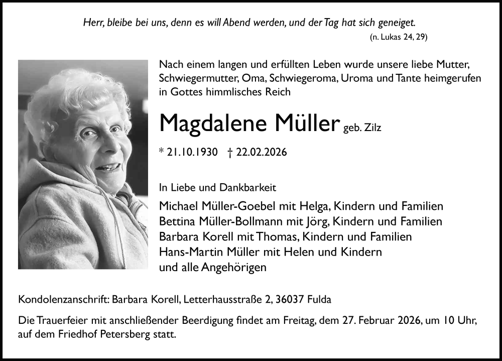 Traueranzeige für Magdalene Müller vom 25.02.2026 aus FZ