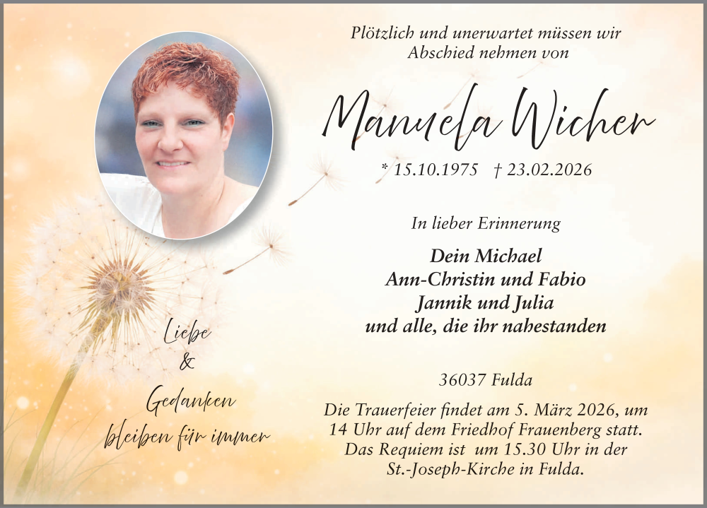  Traueranzeige für Manuela Wicher vom 28.02.2026 aus FZ