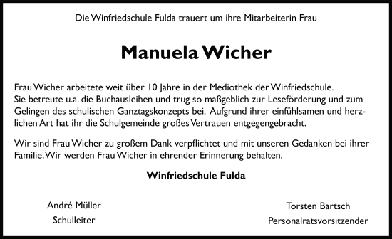Traueranzeige von Manuela Wicher von FZ