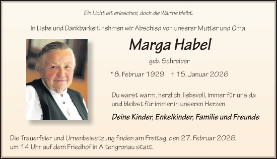 Traueranzeige von Marga Habel von FZ