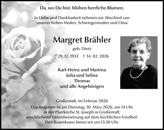 Traueranzeige von Margret Brähler von FZ