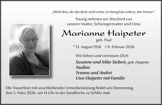 Traueranzeige von Marianne Haipeter von FZ