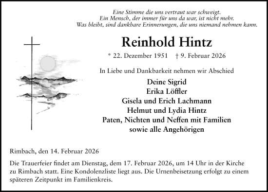 Traueranzeige von Reinhold Hintz von FZ
