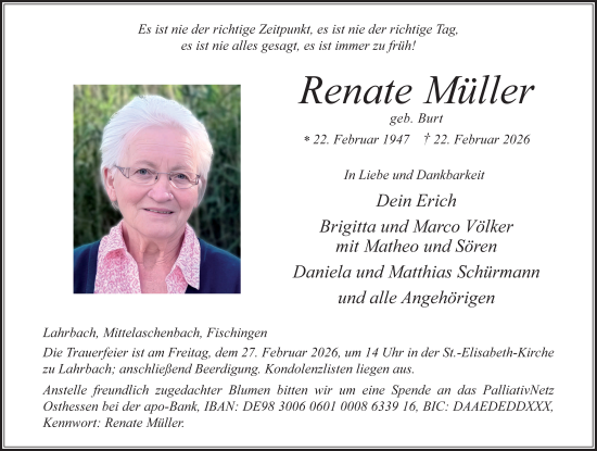 Traueranzeige von Renate Müller von FZ