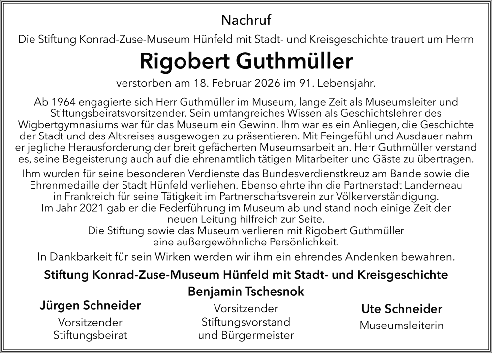  Traueranzeige für Rigobert Guthmüller vom 28.02.2026 aus FZ
