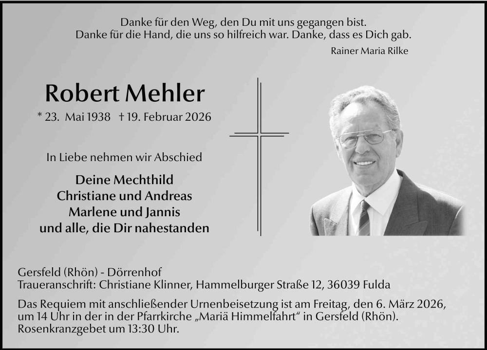  Traueranzeige für Robert Mehler vom 28.02.2026 aus FZ