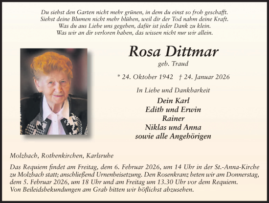 Traueranzeige von Rosa Dittmar von FZ