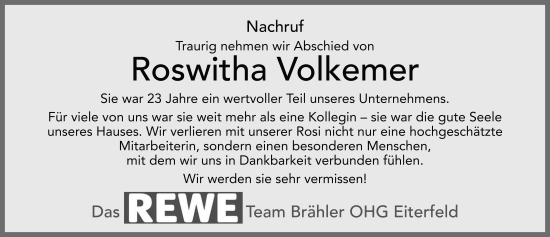 Traueranzeige von Roswitha Volkemer von FZ