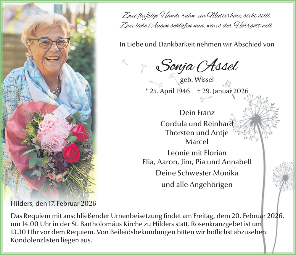  Traueranzeige für Sonja Assel vom 17.02.2026 aus FZ