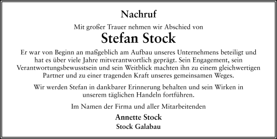 Traueranzeige von Stefan Stock von FZ