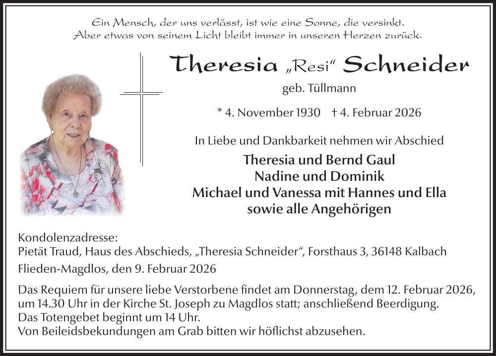  Traueranzeige für Theresia Schneider vom 09.02.2026 aus FZ