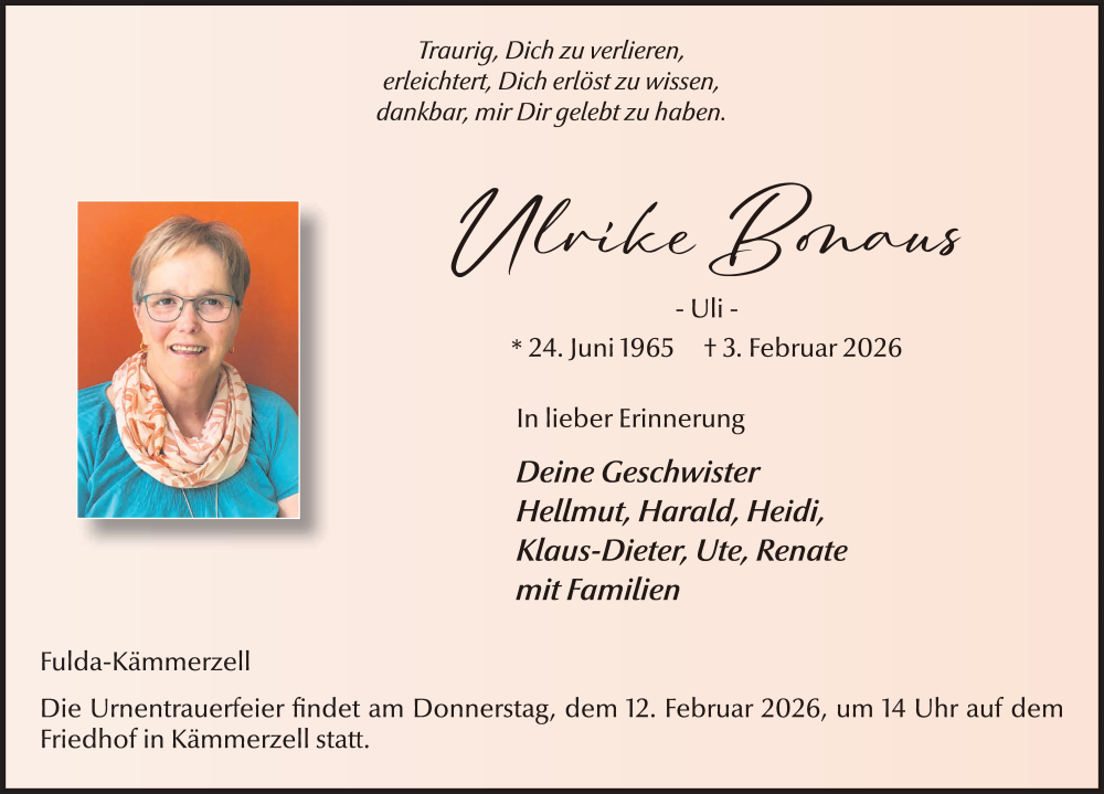  Traueranzeige für Ulrike Bonaus vom 10.02.2026 aus FZ