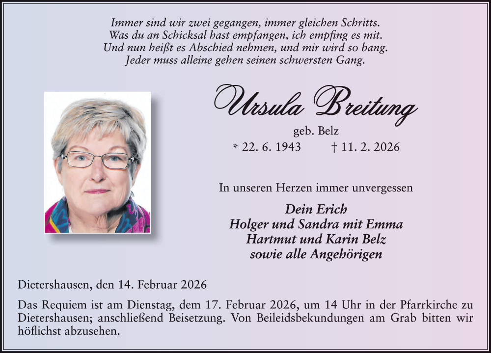  Traueranzeige für Ursula Breitung vom 14.02.2026 aus FZ