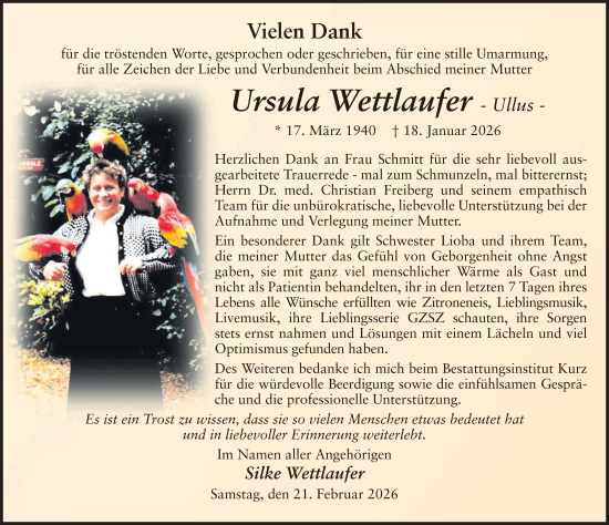 Traueranzeige von Ursula Wettlaufer von FZ