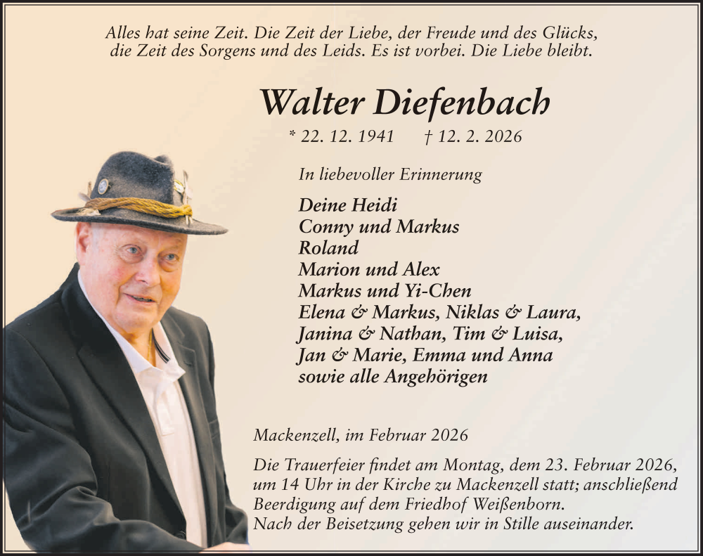  Traueranzeige für Walter Diefenbach vom 19.02.2026 aus FZ