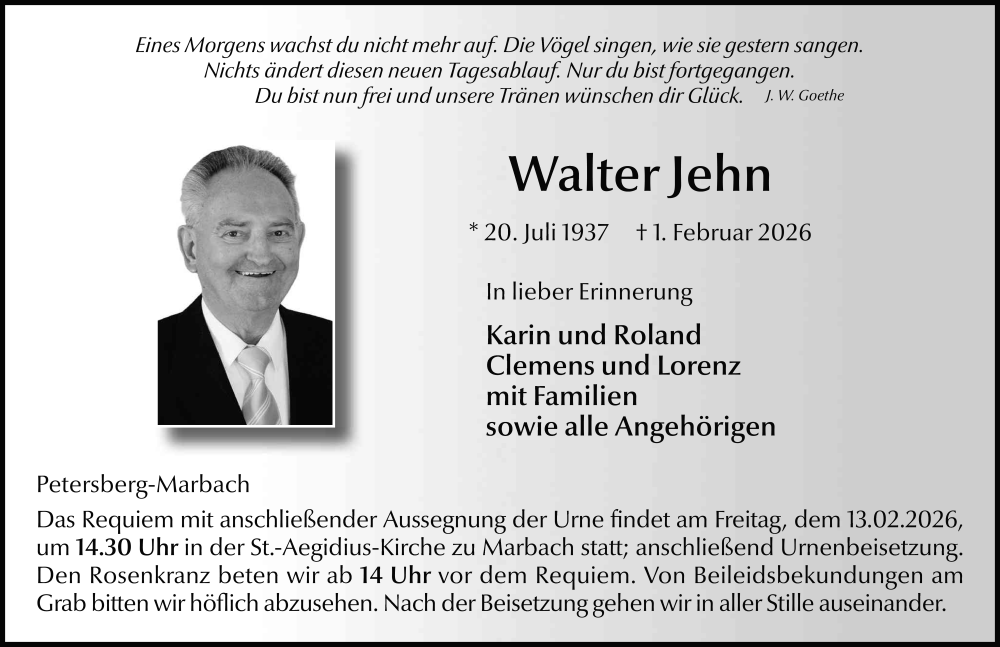  Traueranzeige für Walter Jehn vom 10.02.2026 aus FZ