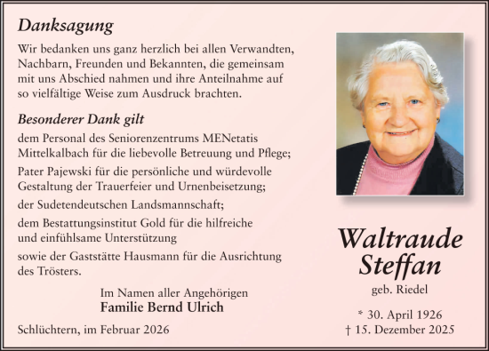 Traueranzeige von Waltraude Steffan von FZ
