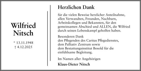 Traueranzeige von Wilfried Nitsch von FZ