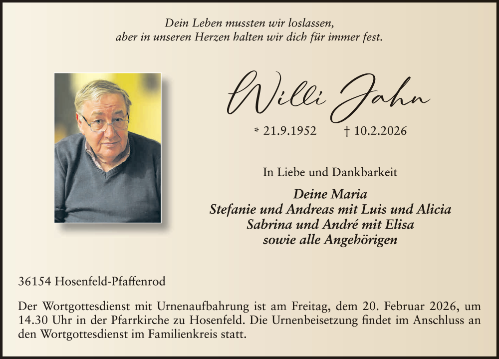  Traueranzeige für Willi Jahn vom 14.02.2026 aus FZ