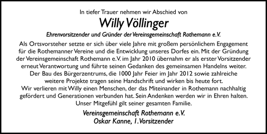 Traueranzeige von Willy Völlinger von FZ