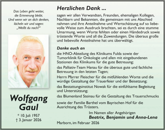 Traueranzeige von Wolfgang Gaul von FZ