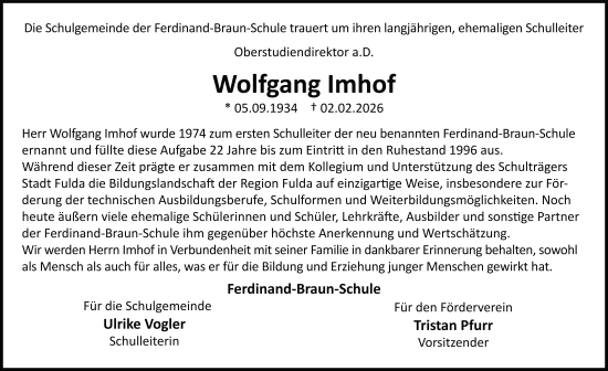 Traueranzeige von Wolfgang Imhof von FZ