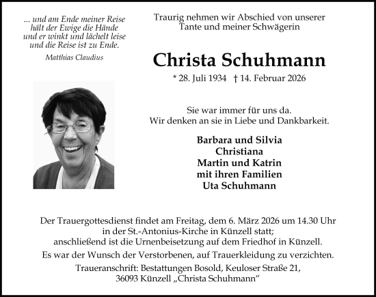 Traueranzeige von Christa Schuhmann von FZ