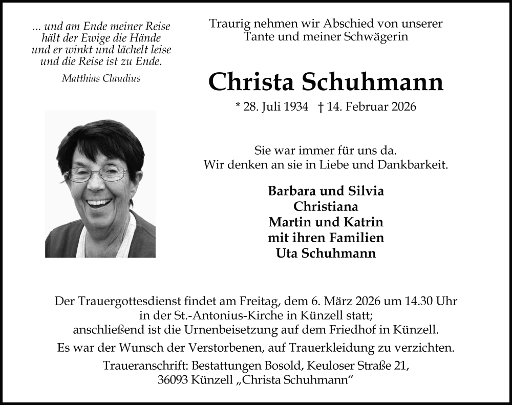  Traueranzeige für Christa Schuhmann vom 02.03.2026 aus FZ