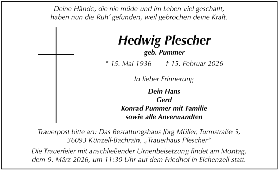 Traueranzeige von Hedwig Plescher von FZ